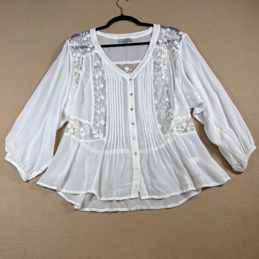World Market Cream Lace Pintuck Peplum Blouse Sheer Boho Feminine Top S/M